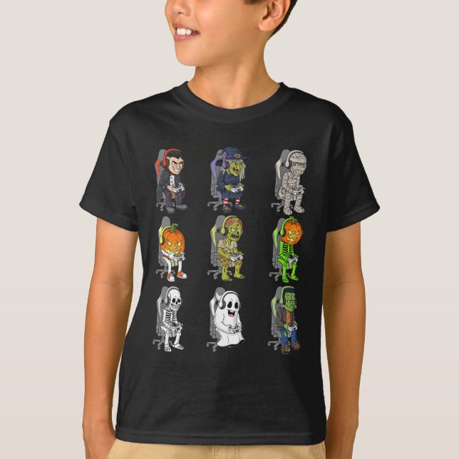 Gamer Halloween Skeleton Vampire Gaming Mummy Boys T-Shirt (Front)