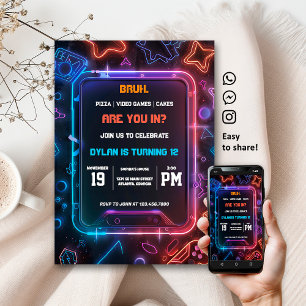 Gamer Neon Birthday Party Digital Invitation