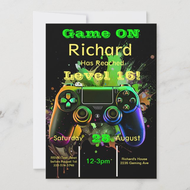 Gamer, Next Level, Player One, 16th Video Game  Invitation (Front)