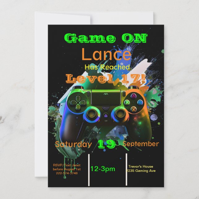Gamer, Next Level, Player One, 17th Video Game  Invitation (Front)