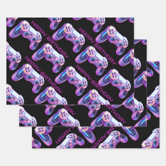 Gamer party game controller pink happy birthday wrapping paper sheet (Set)
