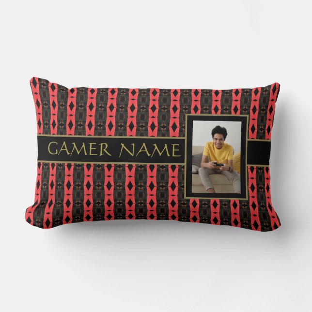 Gamer Party Name & Photo Red/Black Lumbar Pillow (Front)
