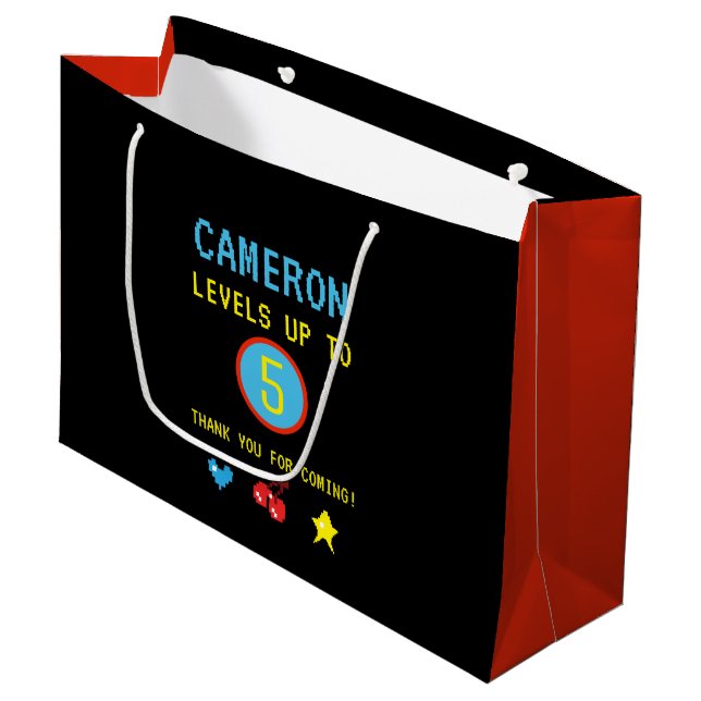 Gamer Pixel Arcade levels up to 5 birthday Favor Large Gift Bag (Front Angled)