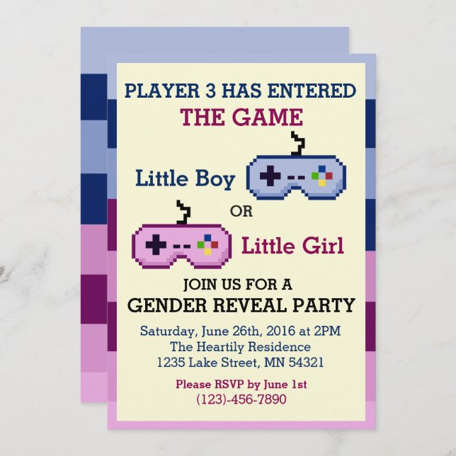 Gamer Player 3 Gender Reveal Baby Shower Invite (Front/Back)