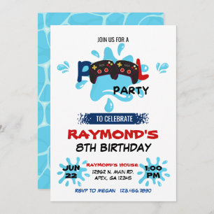 Gamer Pool Party Birthday  Invitation