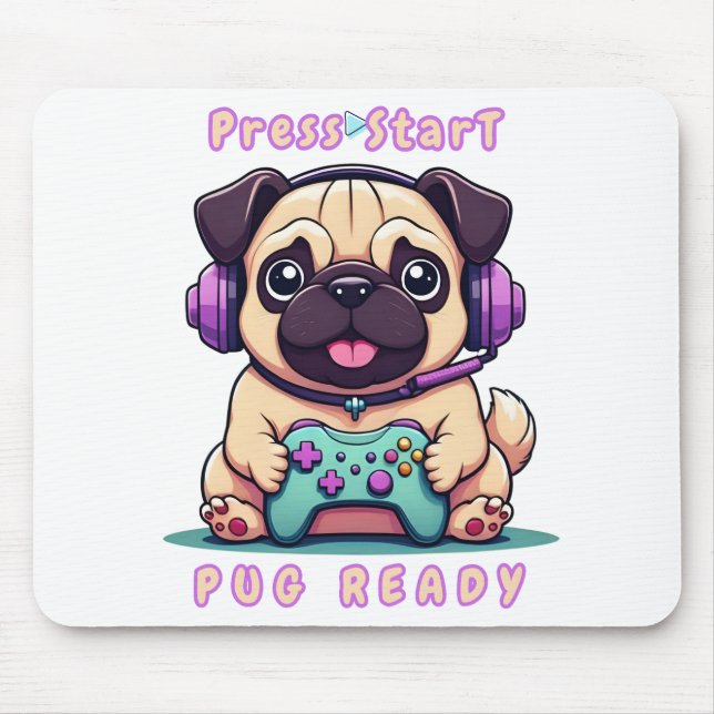 Gamer Pug – Cute Video Game Pug Illustration  Mouse Pad (Front)