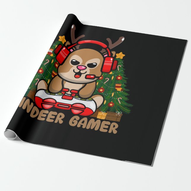 Gamer Reindeer Christmas Video Game Gaming Wrapping Paper (Unrolled)