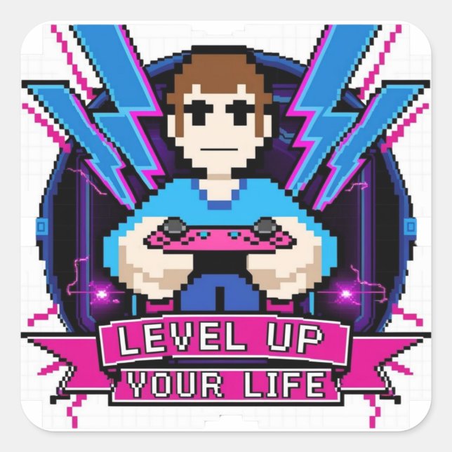 Gamer Retro Level Up Square Sticker (Front)