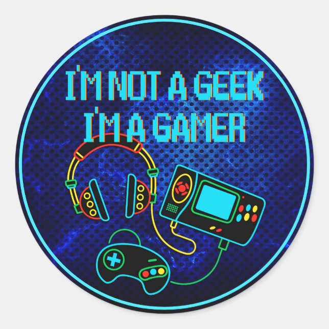 Gamer Retro Neon Blue Classic Round Sticker (Front)