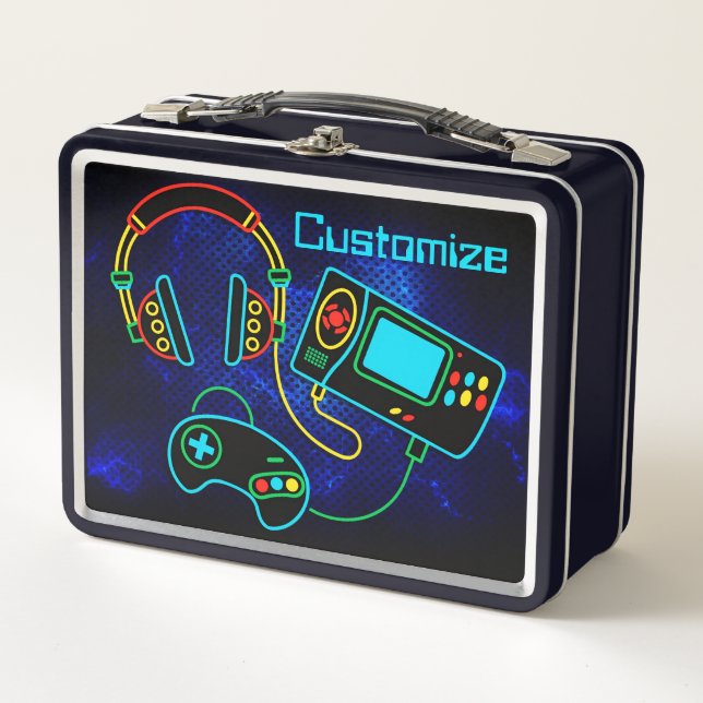 Gamer Retro Neon Blue Metal Lunch Box (Front)