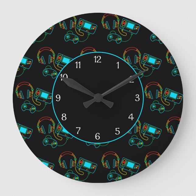 Gamer Retro Neon Pattern Black Large Clock (Front)