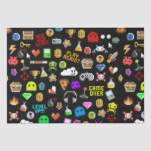 Gamer Retro Pixel Video Gaming Icons Wrapping Pape Tissue Paper