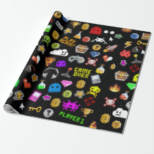 Gamer Retro Pixel Video Gaming Icons Wrapping Paper