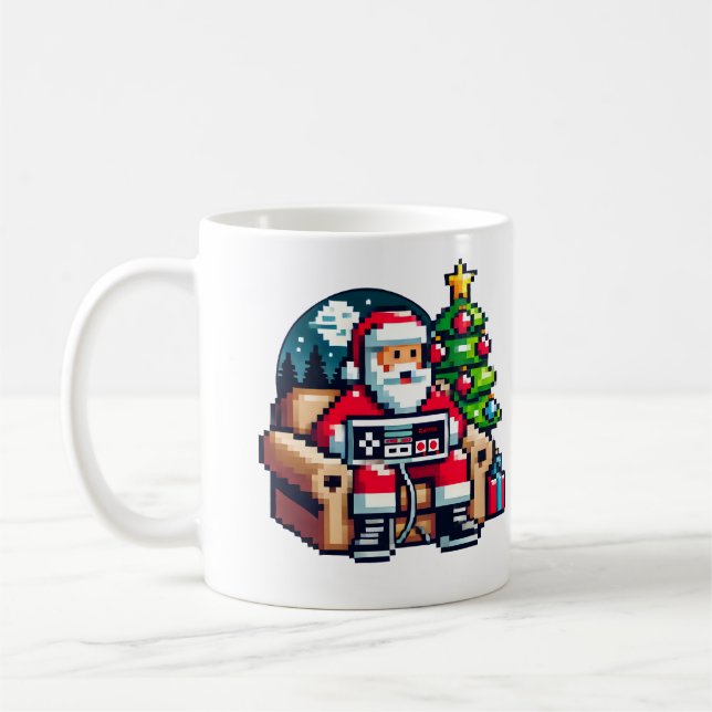 Gamer Santa Pixel Art Retro Christmas Coffee Mug (Left)