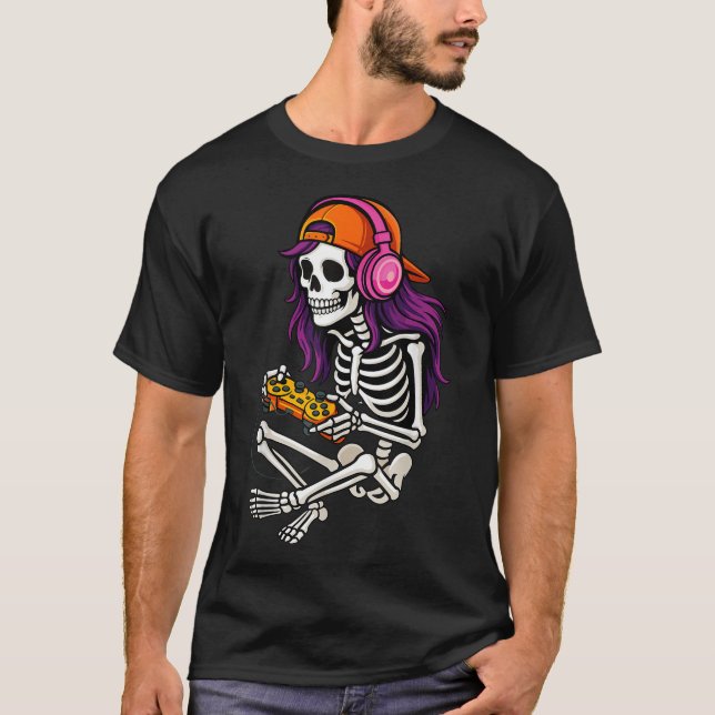 Gamer Skeleton Halloween Girls Teens Women Video  T-Shirt (Front)