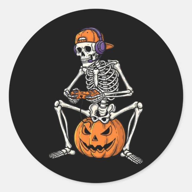 Gamer Skeleton Halloween Video Game Controller Boy Classic Round Sticker (Front)