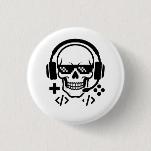 Gamer Skull Headset Pixel Glasses   Bold Black Vec 3 Cm Round Badge