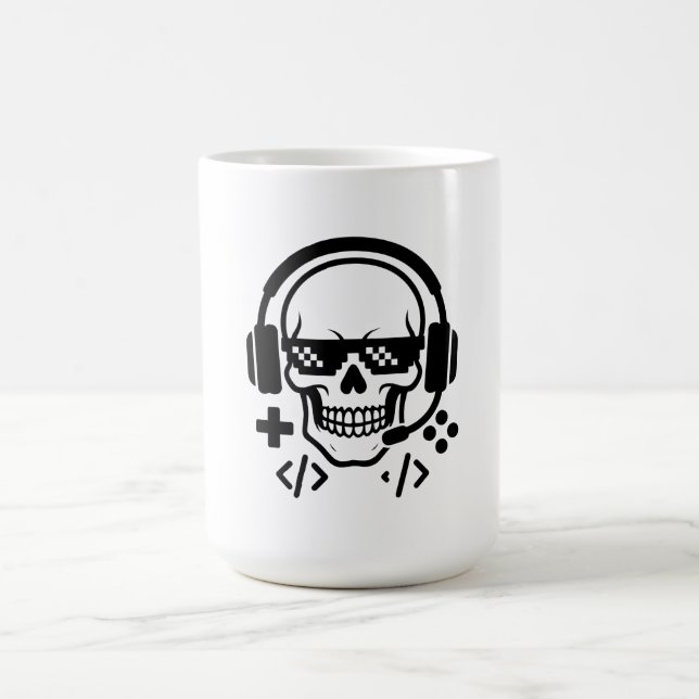 Gamer Skull Headset Pixel Glasses | Bold Black Vec Coffee Mug (Center)