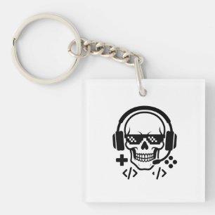 Gamer Skull Headset Pixel Glasses   Bold Black Vec Key Ring