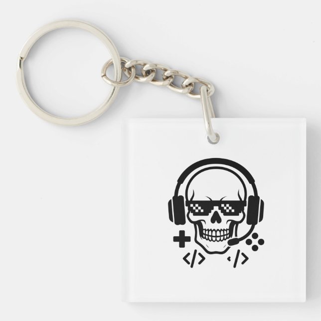 Gamer Skull Headset Pixel Glasses | Bold Black Vec Key Ring (Front)