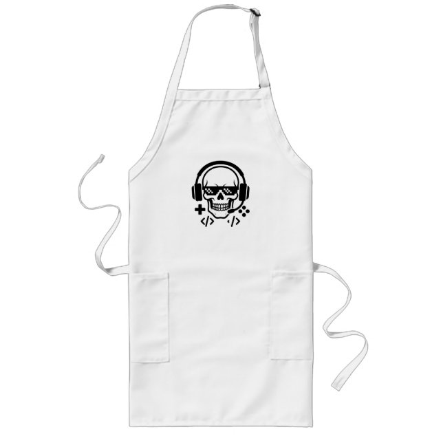 Gamer Skull Headset Pixel Glasses | Bold Black Vec Long Apron (Front)