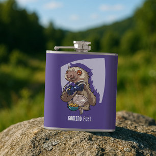 Gamer Sloth Eating Nachos in Underpants Cartoon Hip Flask