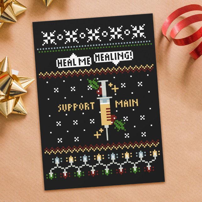Gamer Support Main Pixel Art Syringe Christmas Holiday Card (In Situ)