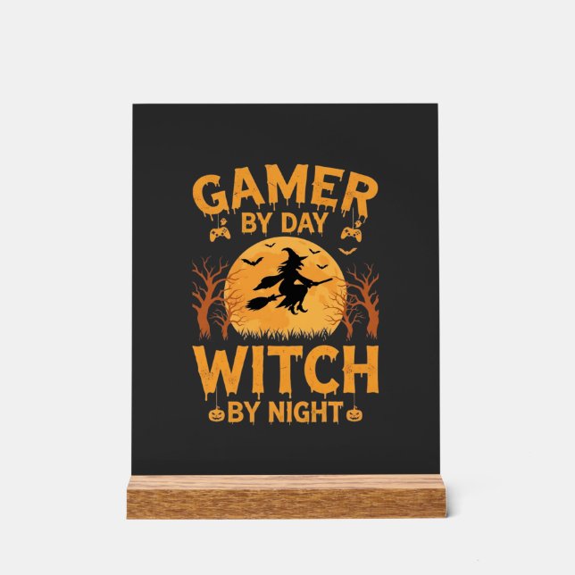 Gamer Witch Halloween Gaming Design Acrylic Sign (Front)
