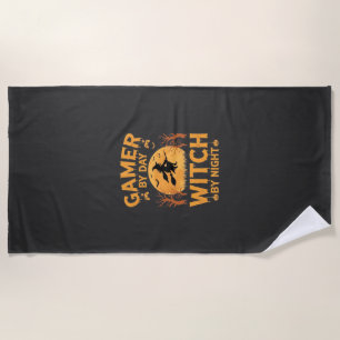 Gamer Witch Halloween Gaming Design Beach Towel
