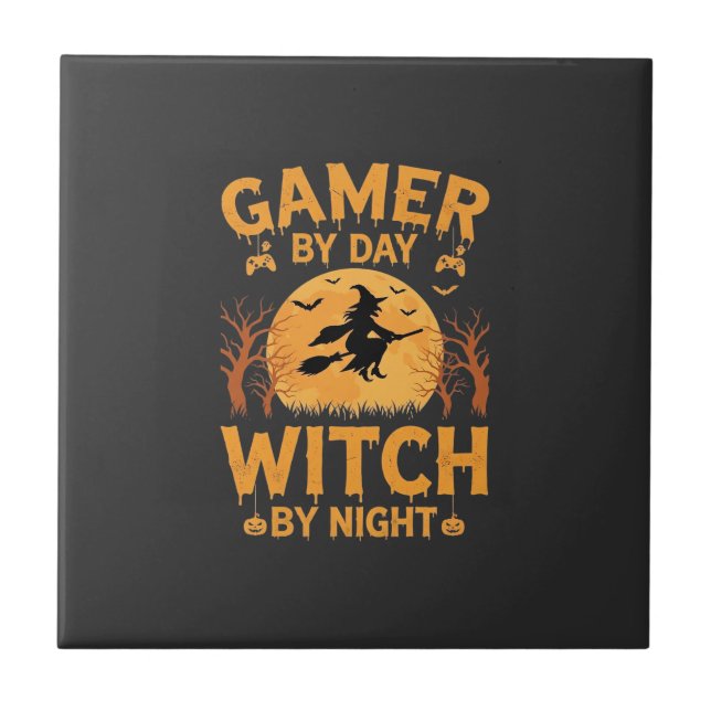 Gamer Witch Halloween Gaming Design Ceramic Tile (Front)