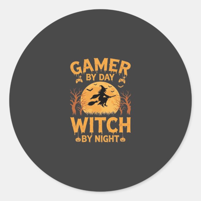 Gamer Witch Halloween Gaming Design Classic Round Sticker (Front)