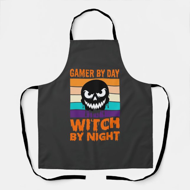 Gamer Witch Halloween Retro Skull Apron (Front)