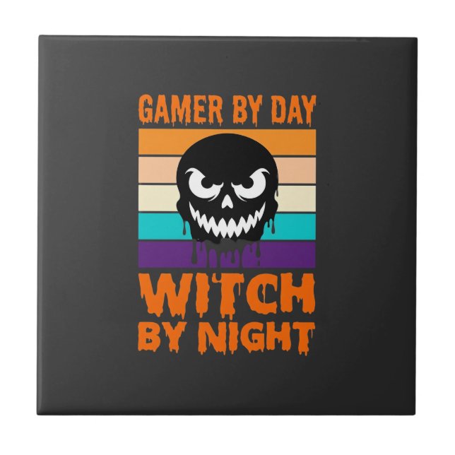 Gamer Witch Halloween Retro Skull Ceramic Tile (Front)