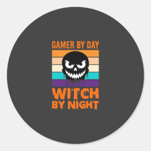 Gamer Witch Halloween Retro Skull Classic Round Sticker