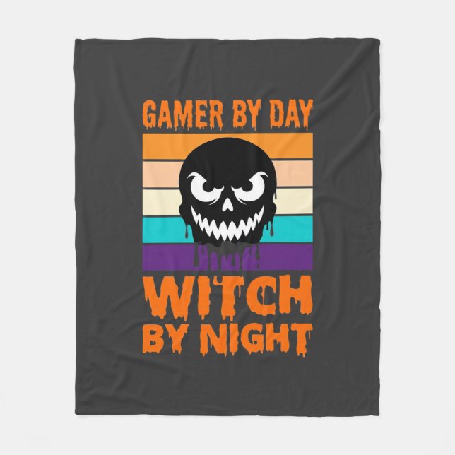 Gamer Witch Halloween Retro Skull Fleece Blanket (Front)