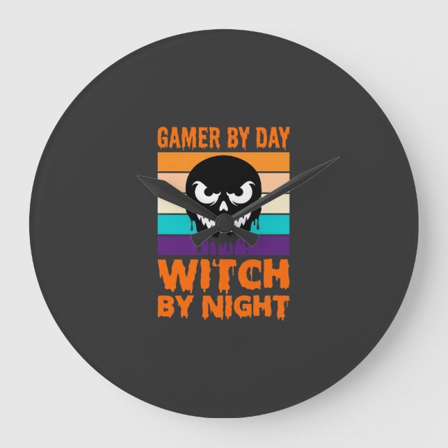 Gamer Witch Halloween Retro Skull Large Clock (Front)
