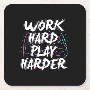 Gamer Word Hard Play Harder Square Paper Coaster
