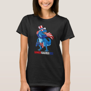 Gamerisaurus Rex Dinosaur Gamer American Flag July T-Shirt