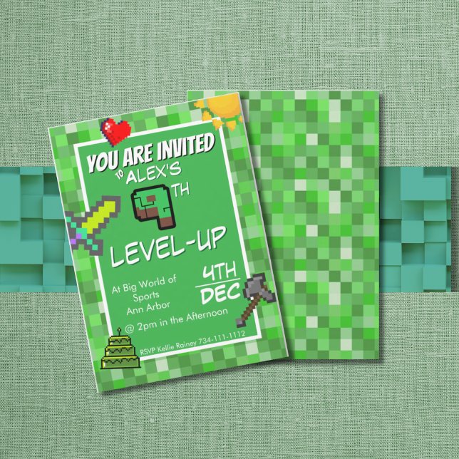 Gamer's Birthday Invitation Green Pixels (Creator Uploaded)