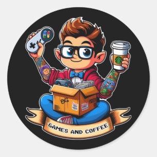 Games and coffee geek classic round sticker
