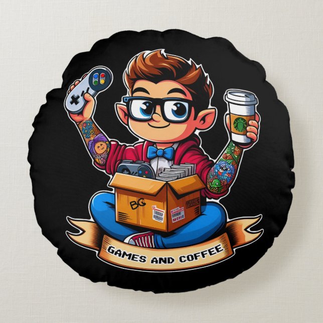 Games and coffee geek round cushion (Front)