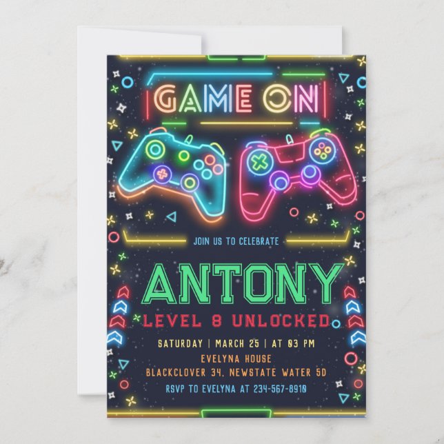 Games on glow 8th Birthday Party Invitation (Front)