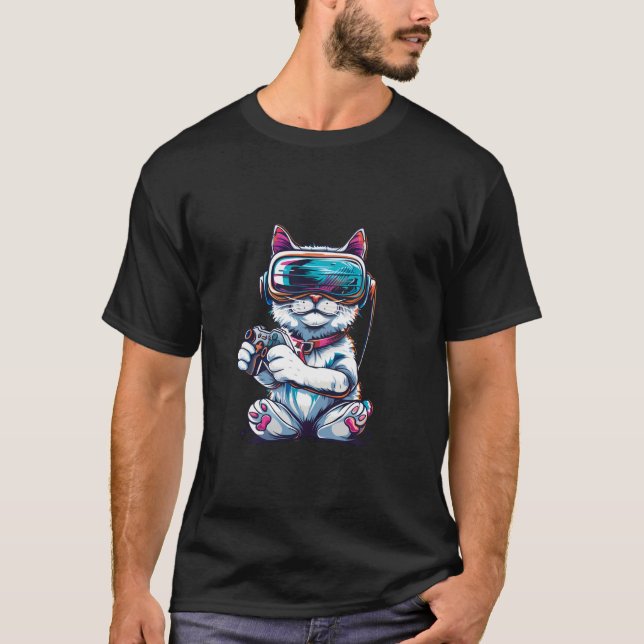 Gaming Animals- Cat Playing Console Video Games T-Shirt (Front)