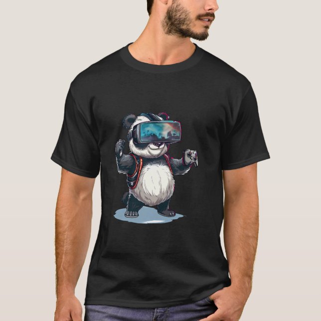 Gaming Animals- Panda Bear Playing Console Video G T-Shirt (Front)