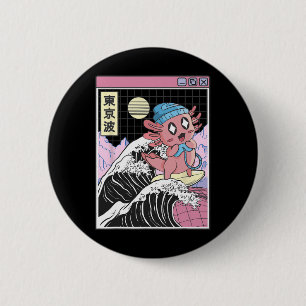 Gaming Axolotl Surfing Kanagawa Wave Kawaii Gamer 6 Cm Round Badge
