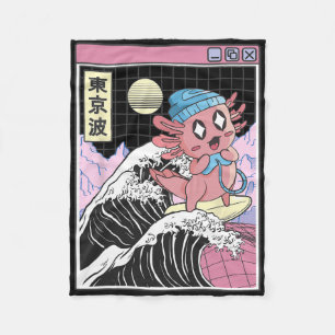 Gaming Axolotl Surfing Kanagawa Wave Kawaii Gamer  Fleece Blanket