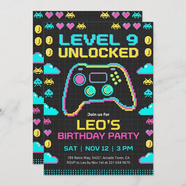 Gaming Birthday Invitation Retro Pixel Gamer (Front/Back)