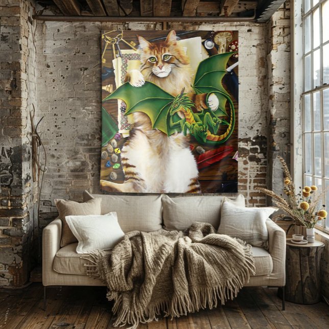  Gaming Fantasy Cat Green Dragon Dice Tapestry (Creator Uploaded)