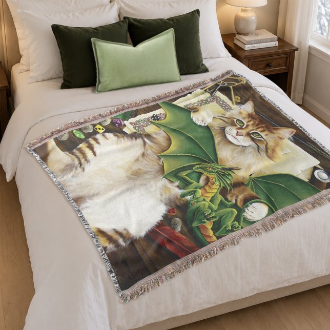  Gaming Fantasy Cat Green Dragon Dice Throw Blanket (Creator Uploaded)