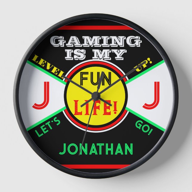 Gaming Fun Life Room Name Black Yellow Green Clock (Front)